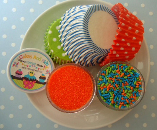 Surfer Dude Cupcake Kit - Sprinkles, Sugar and Cupcake Liners - Blue, Green and Orange - SALE - SAVE 15%
