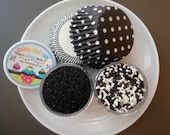 Black Tie Cupcake Kit - Sprinkles, Sugar and Cupcake Liners - Black and White - SALE - SAVE 15%