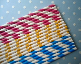 Paper Straws - Pool Party Trio - Hot Pink and Blue Stripes and Yellow Polka Dots (60) - Includes Printable Flag Pennants - SALE - SAVE 15%