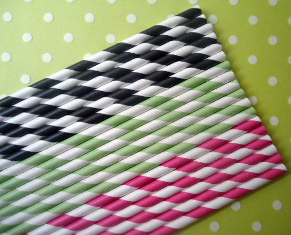 Paper Straws - Retro Glam - Black, Green and Hot Pink Stripes (60) - Includes Printable Flag Pennants - SALE - SAVE 15%