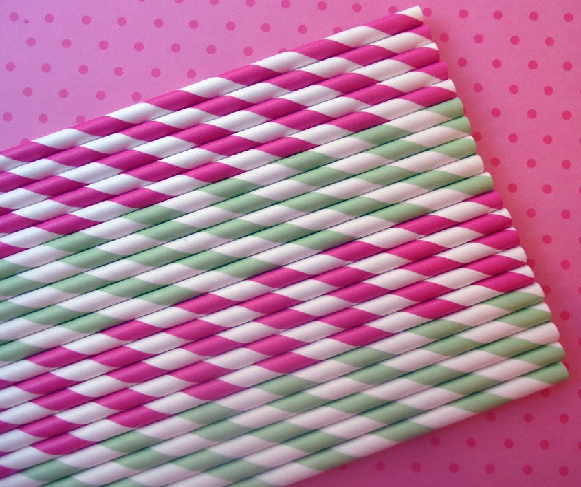 Paper Straws - Preppy Duo - Hot Pink Stripes and Green Stripes (30) - Includes Printable Flag Pennants - SALE - SAVE 15%