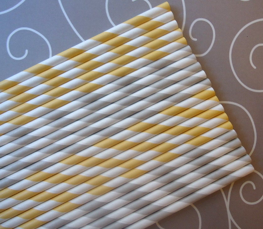 Paper Straws - Modern Duo - Grey Stripes and Yellow Stripes (60) - Includes Printable Flag Pennants