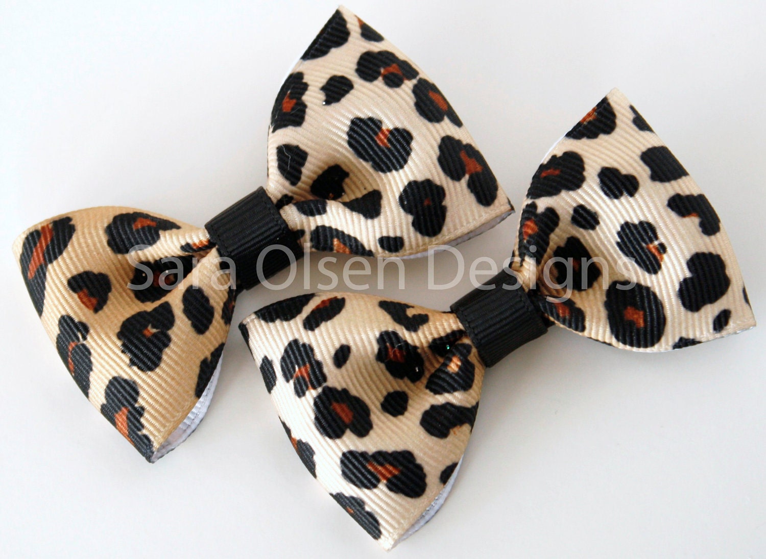 Pair of Sweet and Simple Brown Tan and Black Cheetah Leopard Tuxedo Hairbows M2MG