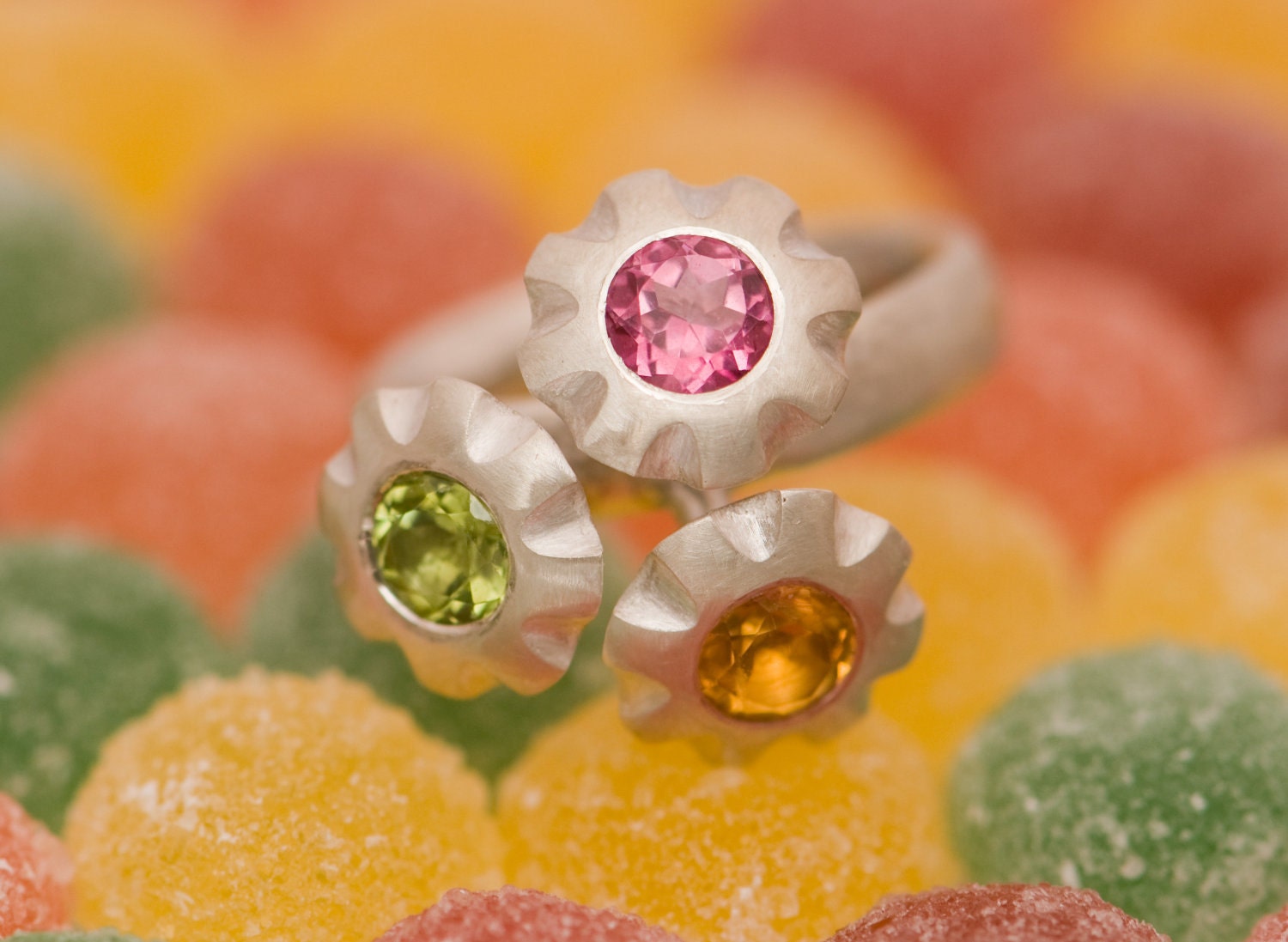 Peridot, Topaz, Citrine, Ring 3 Colour Flower Ring In Sterling Silver - Made to order