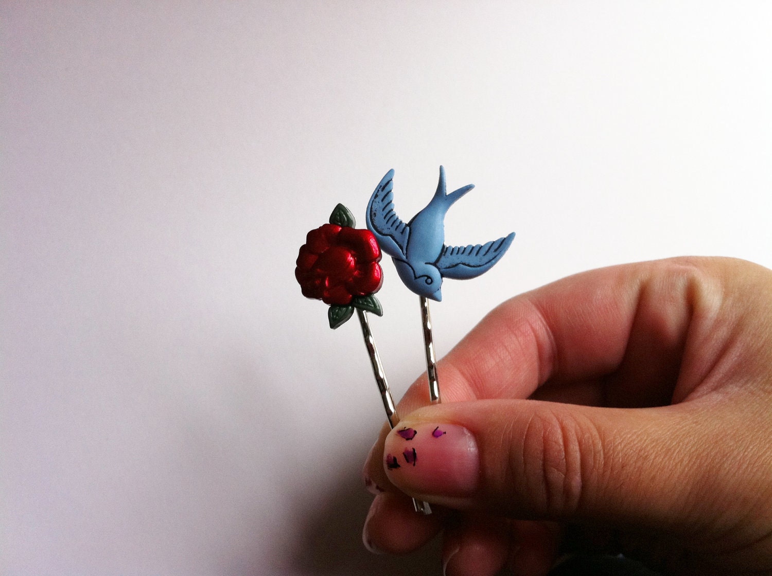 Blue Sparrow and Red Rose Bobby Pin Hair Clips-Women Accessories- Pinup Girl Accessories - Retro Hair Clips- Bobby Pins
