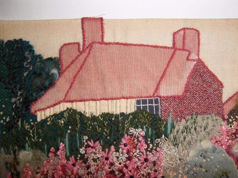 Vintage 1960s handmade wool and fabric country cottage needlework picture