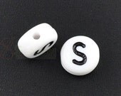 50% Off Sale 25 Alphabet Beads Letter S, Black and White 7mm flat
