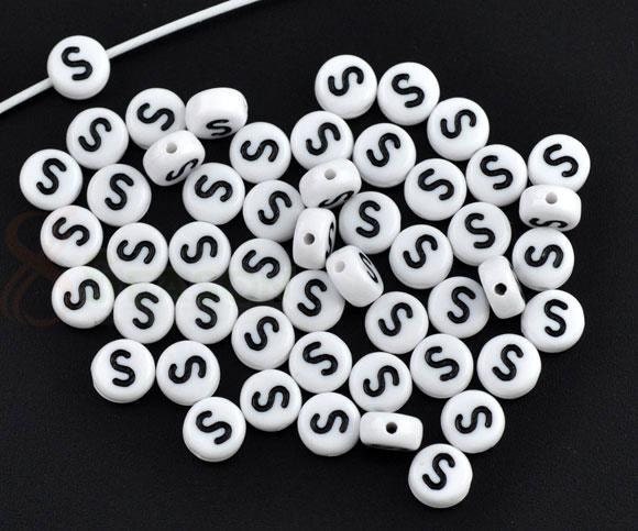 50% Off Sale 100 Alphabet Beads Letter S, Black and White 7mm flat