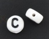 50% Off Sale 25 Alphabet Beads Letter C, Black and White 7mm flat