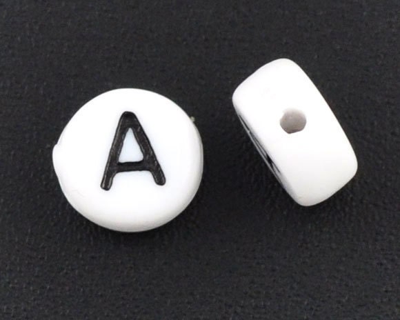 50% Off Sale 25 Alphabet Beads Letter A, Black and White 7mm flat
