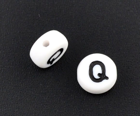 50% Off Sale Alphabet Beads Letter Q Black and White 7mm flat 25 pcs