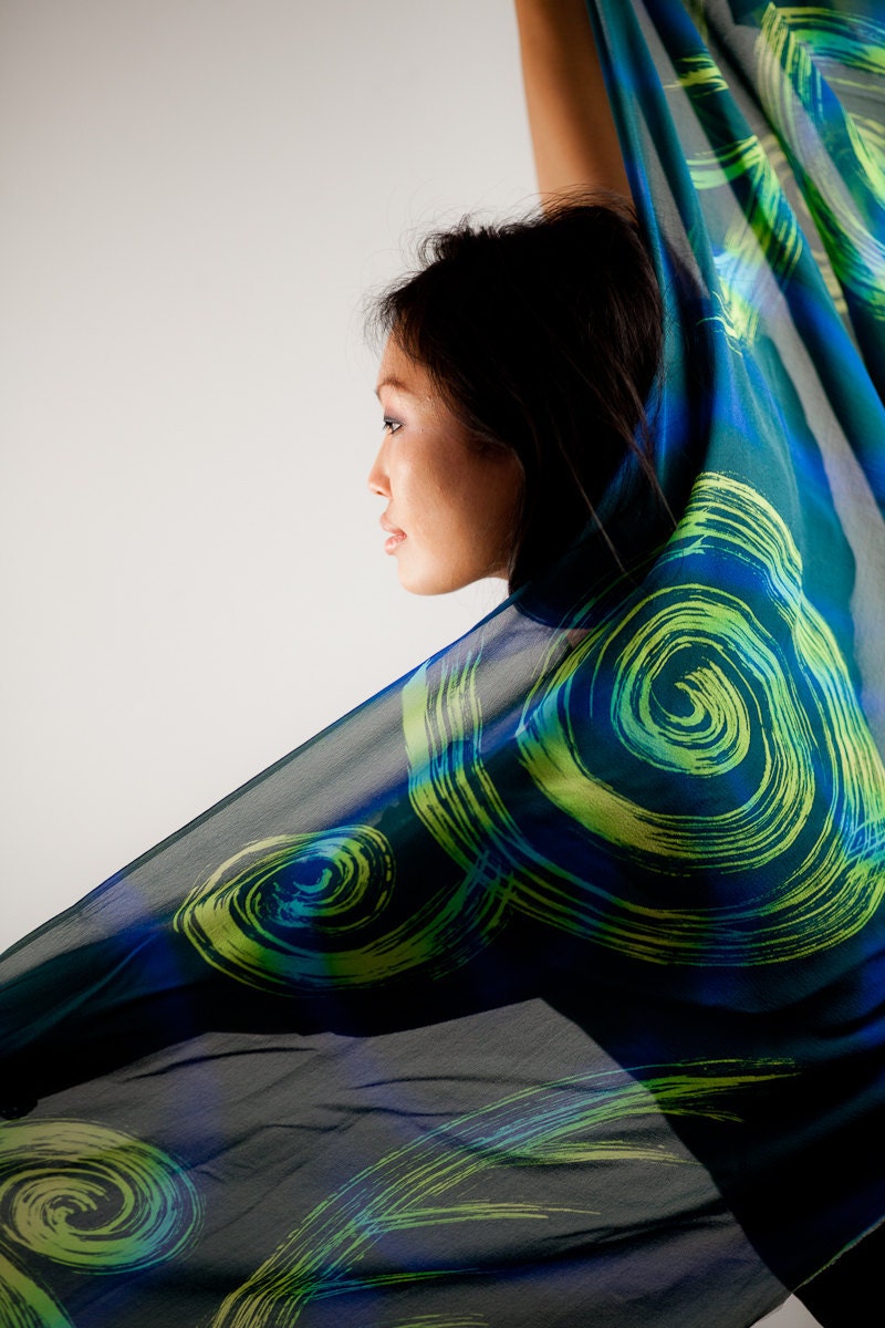 Silk Chiffon Scarf or Shawl hand painted in shades of Green and Blue - Abstract and Modern Batik Fabric - Elegant Gifts for Women