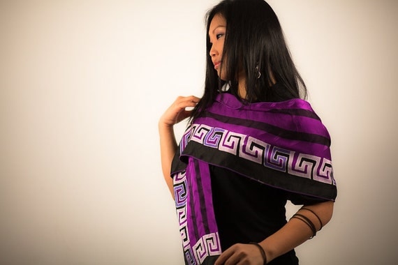 Hand Painted Silk Scarf in Purple Black - Long Silk Scarf - Painted Silk Scarf - Muffler - Bridesmaid Gift Ideas - Unique gifts for women