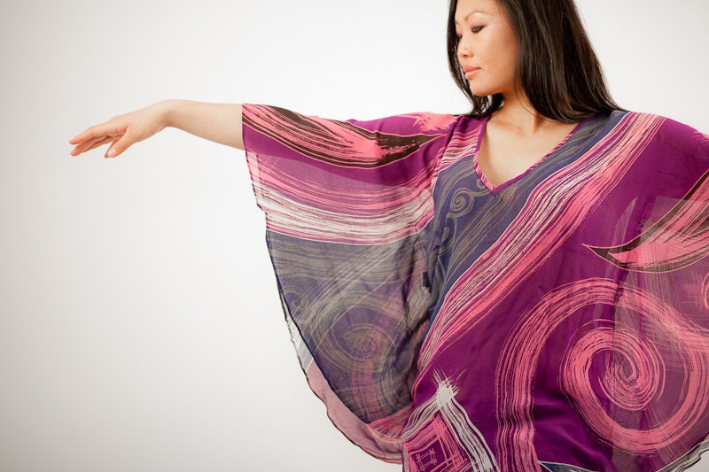 Chiffon Silk Long Sleeved Tunic Top, Blouse or Dress. Hand Painted and Hand Dyed Oriental Asian Kaftan or Caftan Butterfly Dress in Purple.
