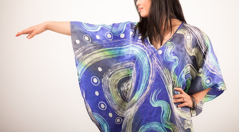 Blue Silk Dress, Hand Painted Long Sleeve Tunic Top. Oriental Asian Style Dress - Silk Blouse - Silk Top - One Size Fits Most - Free Size