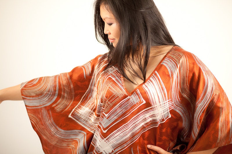 Brown Tunic Silk Dress, hand painted and hand dyed - free size - one size fits most - earth tone colors - silk tunic - rust - Batik