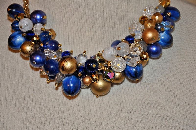 Queen Of The Sea cluster sapphire blue,crystal clear,gold swarovski crystal statement bib necklace