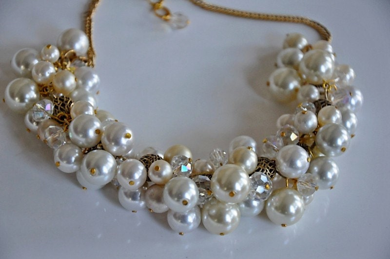 Bridal Cluster Pearl Necklace,Statement Necklace,Gold,Ivory, White,Swarovski Crystal,Filigree,Queen Of The Sea
