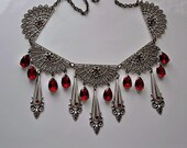 Gothic Jewelry Set,Gothic Wedding,Victorian Filigree Necklace Set,Swarovski Crystal SIAM Necklace,Vintage Style,Red,GARNIA