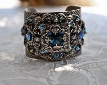 Bridal Cuff Bracelet,Vintage Style Cuff Bracelet,Swarovski Crystal MONTANA Cuff Bracelet,Antique Silver,Victorian Style Cuff,Art Deco