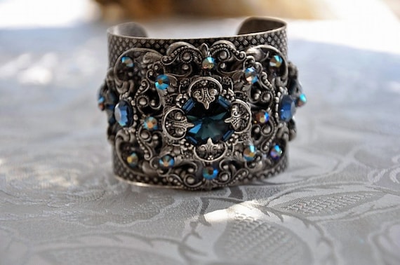 Bridal Cuff Bracelet,Vintage Style Cuff Bracelet,Swarovski Crystal MONTANA Cuff Bracelet,Antique Silver,Victorian Style Cuff,Art Deco