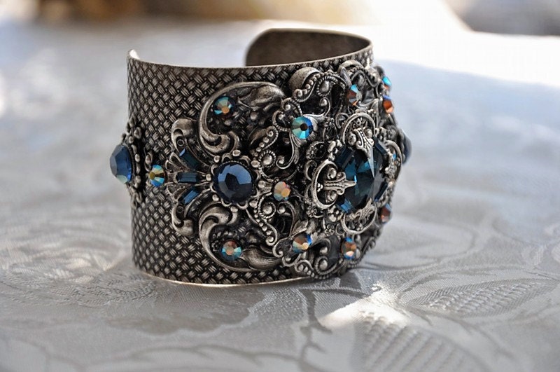 Bridal Cuff Bracelet,Vintage Style Cuff Bracelet,Swarovski Crystal MONTANA Cuff Bracelet,Antique Silver,Victorian Style Cuff,Art Deco