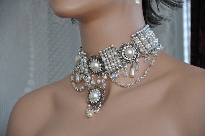 Victorian Wedding,Bridal Jewelry,Bridal Statement Necklace,Bridal Choker,Rhinestone Choker,Pearl Choker,Swarovski Crystal Pearl