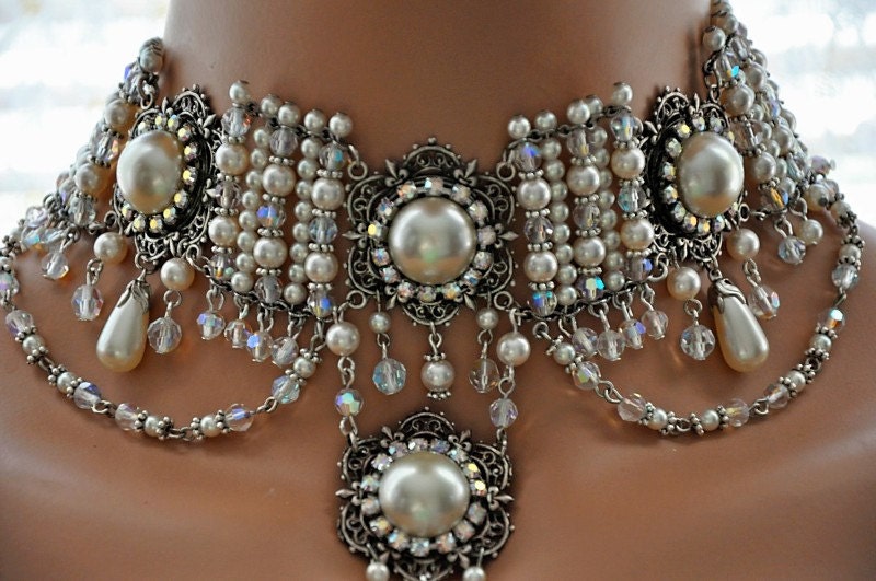 Victorian Wedding,Bridal Jewelry,Bridal Statement Necklace,Bridal Choker,Rhinestone Choker,Pearl Choker,Swarovski Crystal Pearl