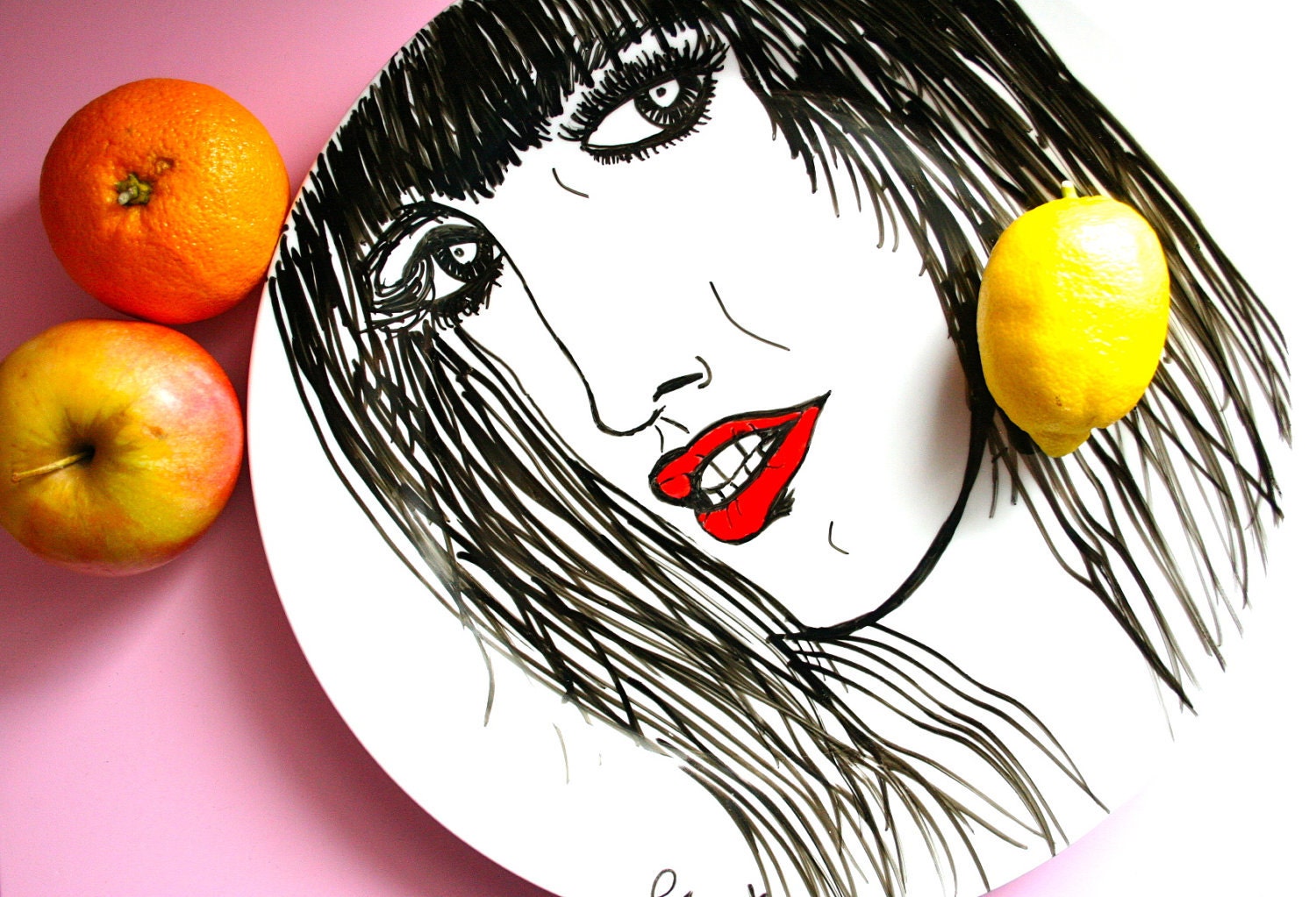 Hand painted serving plate "Red Lips", 30.5 diameter, Unique item