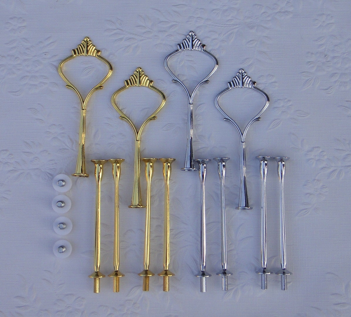 4 x Sets Cake Stand Handle 3 Tier Silver & Gold Crown Centre Fitting High Tea Hardware