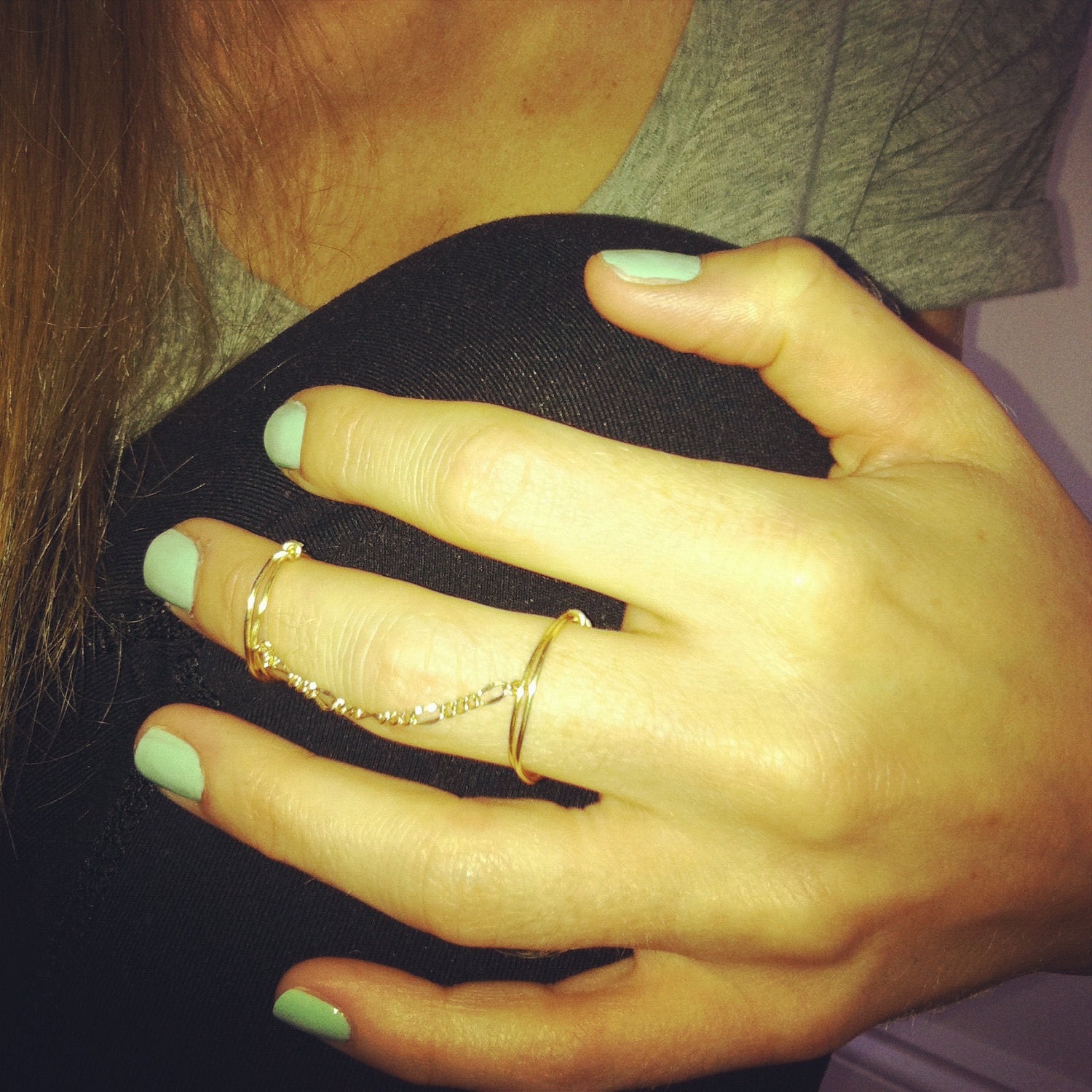 Wire wrapped double gold plated ring with chain