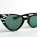 Cat Eye Rhinestone Sunglasses. Black Plastic Frame with White Stripe Detail. Classic Vintage Eyewear for Women