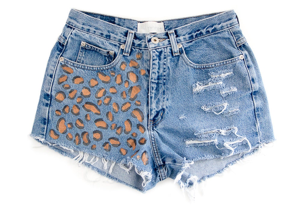 Cheetah Leopard Print Shorts Hand Painted Vintage Distressed High Waisted Denim Upcycled Hippie Boho Hipster Coachella W30