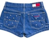 Studded Shorts Vintage Distressed High Waisted Blue Denim Hipster Boho Hippie Upcycled Star Studs Tommy Hilfiger Medium W29
