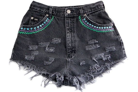 Tribal/Aztec Shorts, Hand Painted, Vintage Distressed High Waisted Denim, Upcycled W27