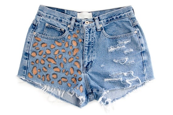 Cheetah Leopard Print Shorts Hand Painted Vintage Distressed High Waisted Denim Upcycled Hippie Boho Hipster Coachella W30