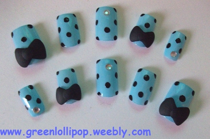 Japanese 3D Nail Art Set -Blue with Black Polka Dots, Black Bows and Gemstones