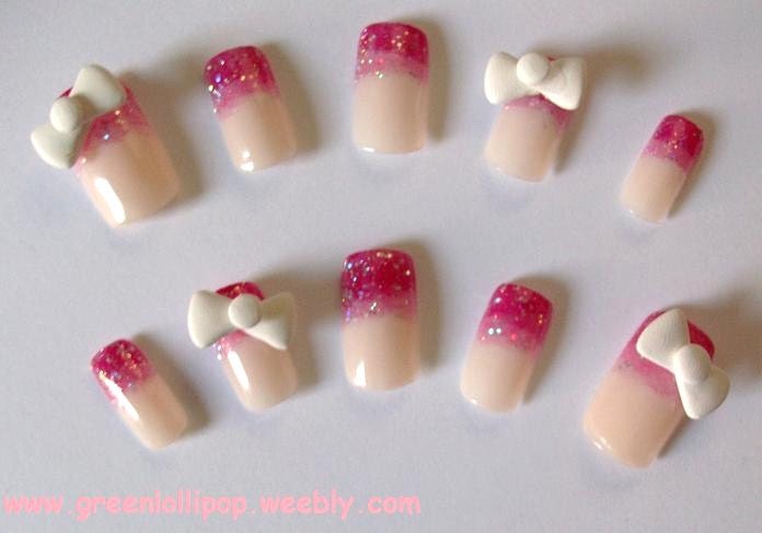 Japanese 3D Nail Art Set - Pink Gradient Tips with White Bows