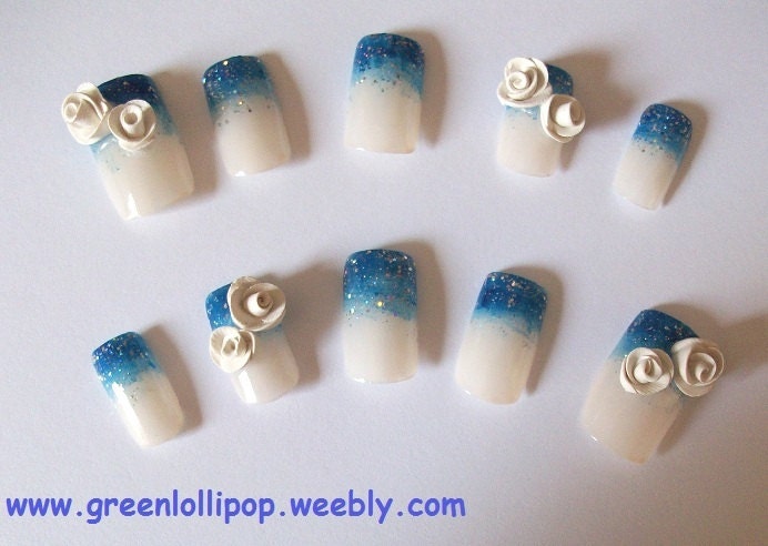 Japanese 3D Nail Art Set - Blue Gradient Tips with White Roses