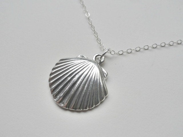 Sterling silver charm necklace, seashell pendant, simple jewelry, beach wedding, bridesmaid, large sea shell, silver jewelry