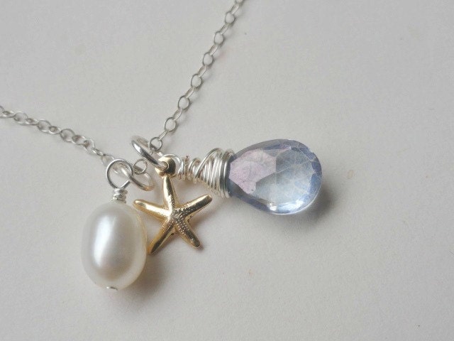 Gemstone starfish necklace, STERLING SILVER, white rice fresh water pearl, delicate, feminine, beach wedding, bridesmaid necklace, blue gem