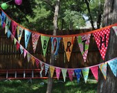 Fabric Happy Birthday pennant banner bunting, Birthday party decoration, Michael Miller's Gypsy Bandana