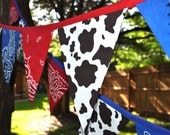 Cow Print with Blue & Red Bandanas Banner Bunting, Western, Cowboy, Horse, Barn, Birthday party decoration, photo prop
