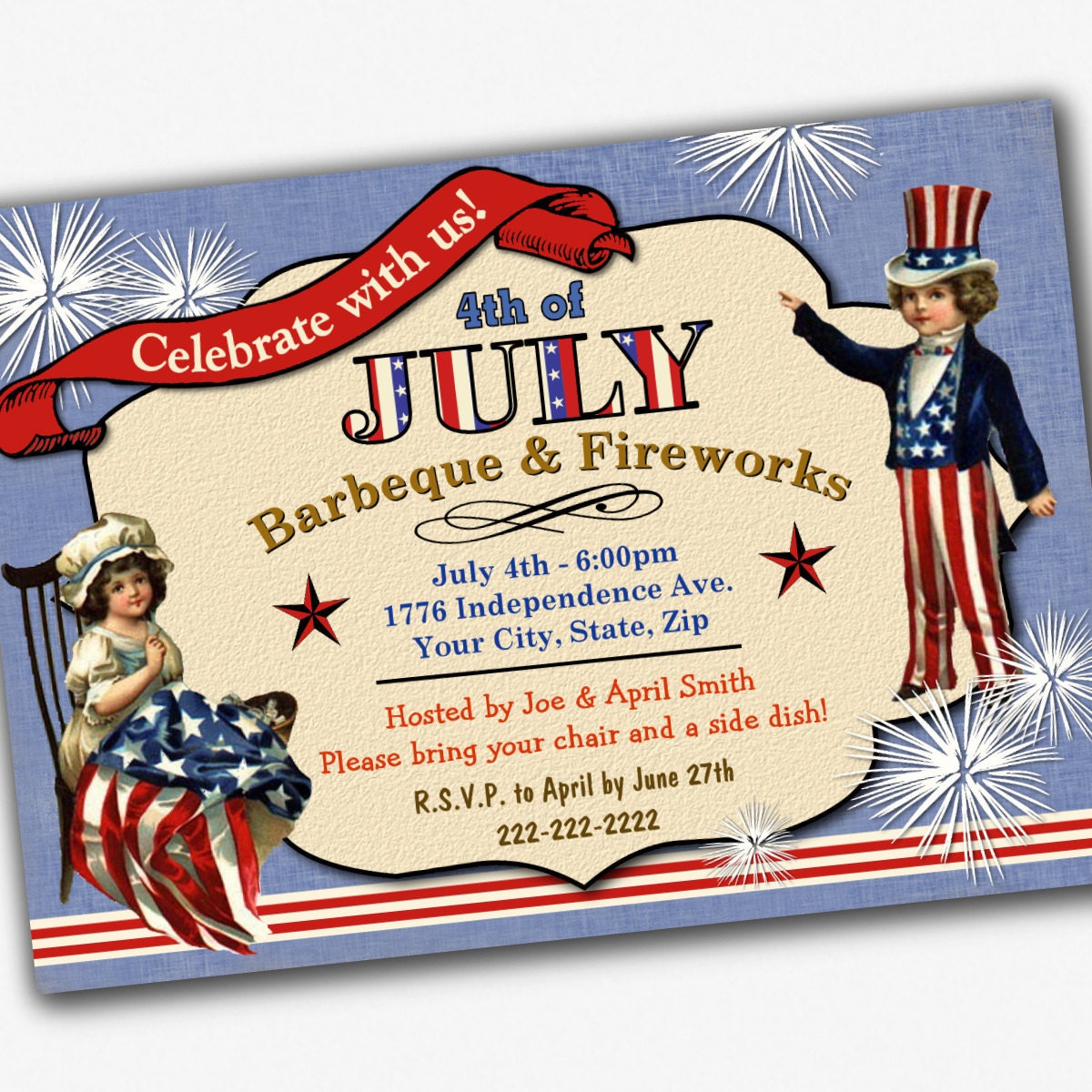4th of July Custom 5 X 7 Party Invitation Printable Digital File