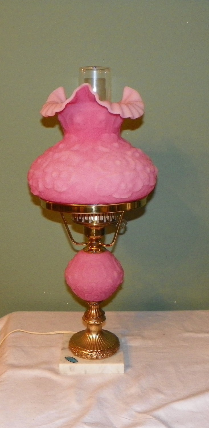 Vintage Fenton STUDENT LAMP Poppy Pink Satin Glass Desk Table Light  brass marble