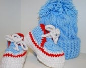 Baby or Toddler Boy Booties and Hat Set - Hat Knitted, Booties Crocheted