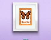 Personalized Orange Monarch Butterfly Print, Customize with Name, Wall Art Decor for Nursery or Kids Room, 5x7