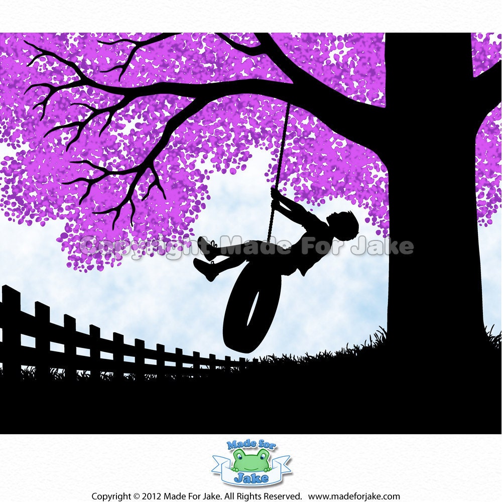 Boy Silhouette on Tire Swing with Lilac Tree Print, Nursery or Childs Room Wall Art Decor, 8x10 Personalized