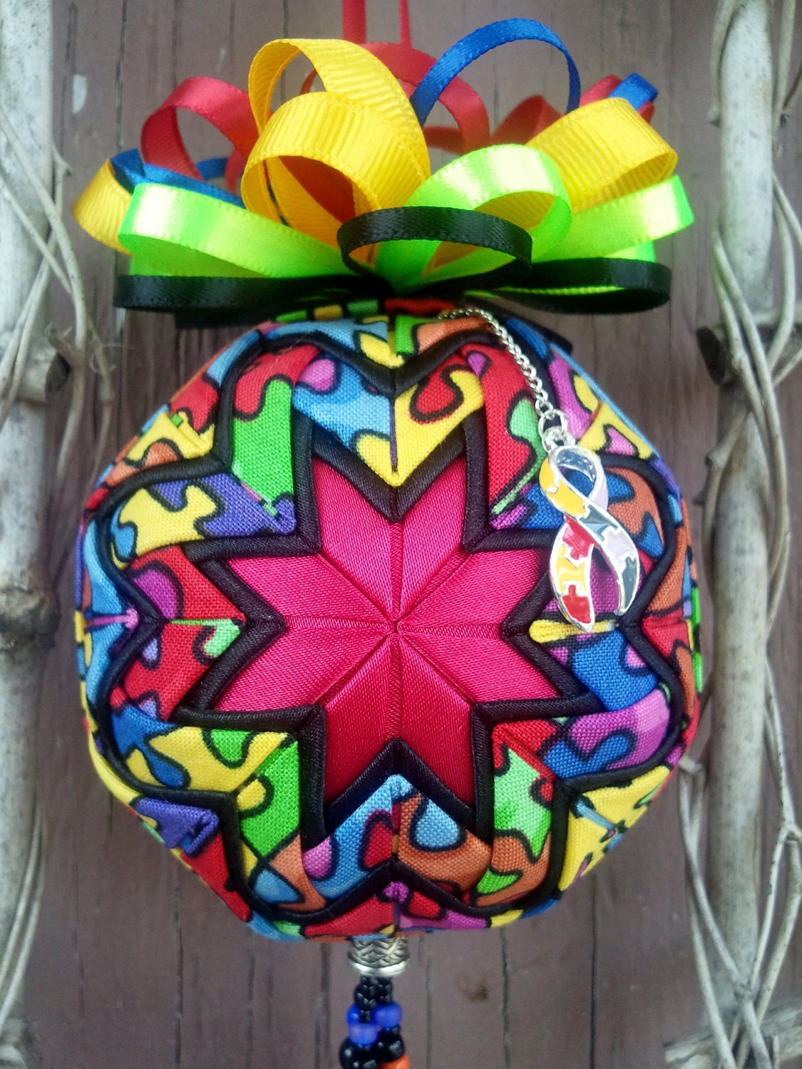 Autism Awareness puzzle pattern quilted ornament