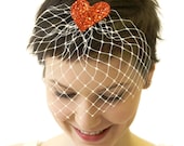 White or Ivory Birdcage Veil Hair Clip with Glitter Heart - Range of colours